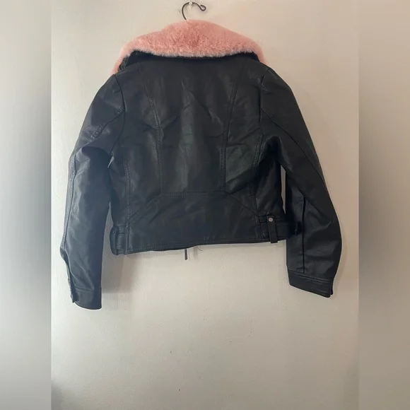 Jou Jou faux leather Black biker Jacket with Pink Fur Trim